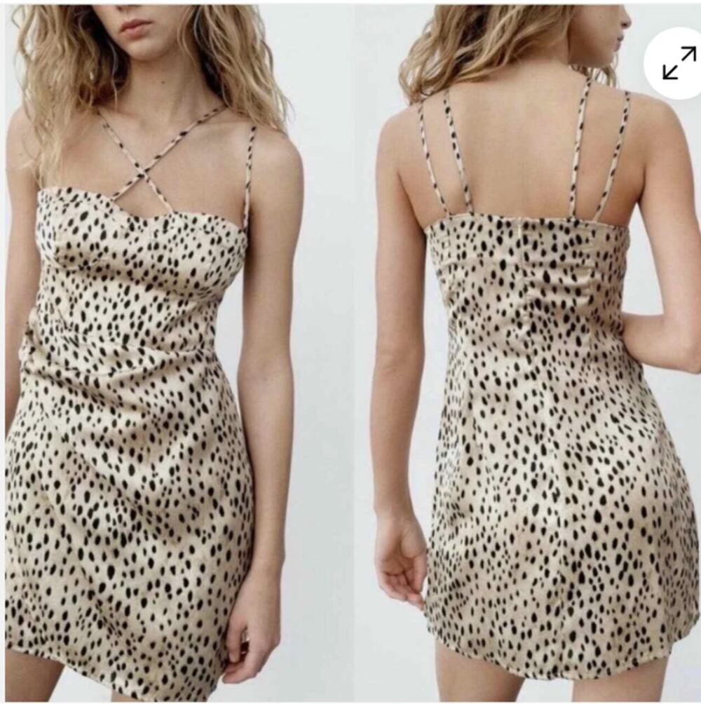 Zara Leopard Print Mini Dress Bustier Ruched Side Double Straps Polyester XS
